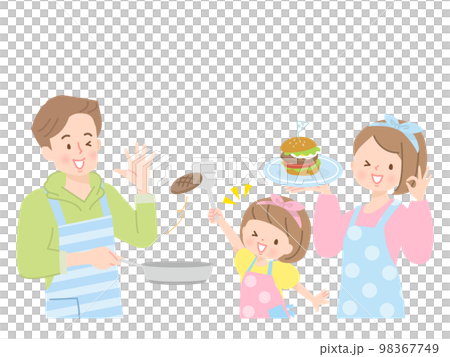 Illustration material of three parents and children making hamburgers Illustration material of three parents and children making hamburgers 98367749