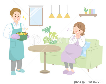 妊婦中の妻に鍋料理をする夫 98367758