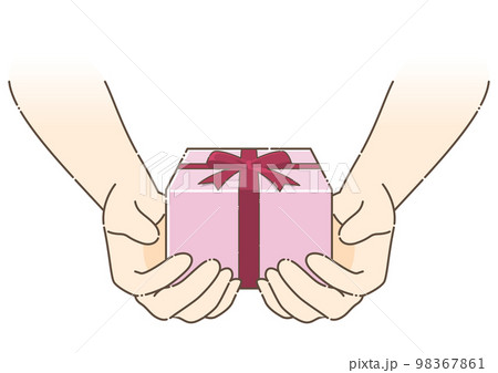 ピンク色のプレゼントを渡そうとしている手(途切れ線の輪郭) ピンク色のプレゼントを渡そうとしている手(途切れ線の輪郭) 98367861