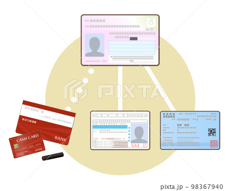 マイナンバーカードと銀行口座、免許証、保険証の連携イメージイラスト 98367940