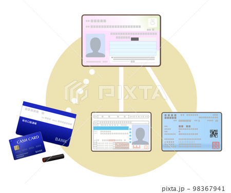 マイナンバーカードと銀行口座、免許証、保険証の連携イメージイラスト 98367941