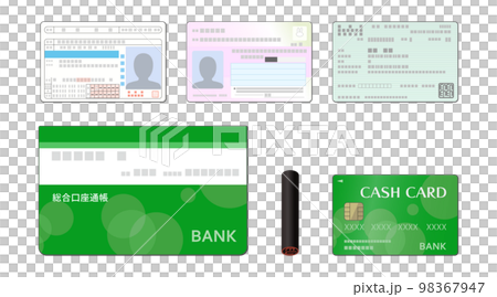 免許証、マイナンバーカード、保険証、通帳、印鑑、キャッシュカードのイラスト（いろいろな身分証明書） 98367947