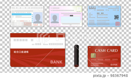 免許証、マイナンバーカード、保険証、通帳、印鑑、キャッシュカードのイラスト（いろいろな身分証明書） 98367948