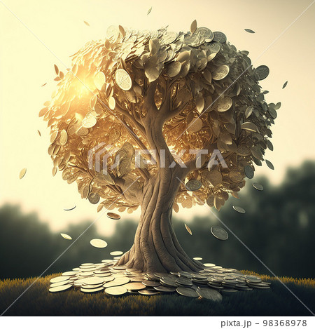 明るい背景とお金(硬貨)の成る木 明るい背景とお金(硬貨)の成る木 98368978