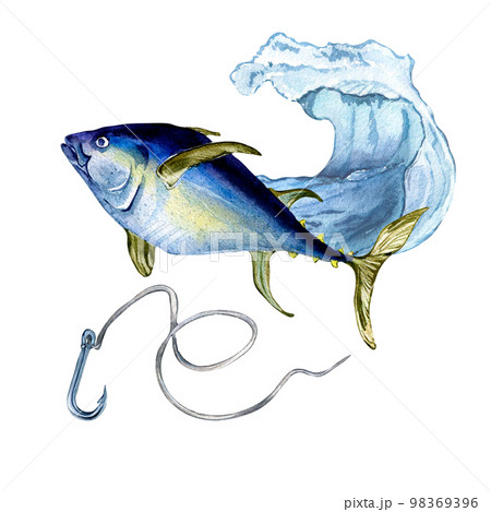 Composition of tuna and sea wave watercolor illustration isolated on white. 98369396