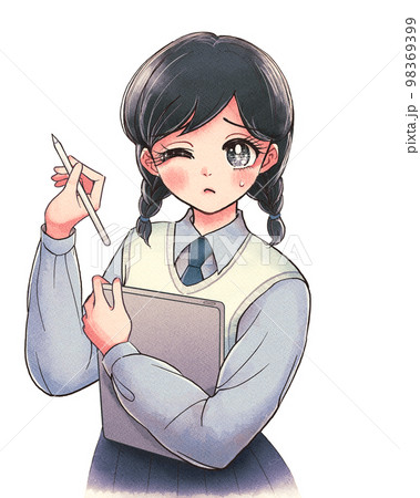 少女まんが風・タブレットで苦手科目を勉強する学生 少女まんが風・タブレットで苦手科目を勉強する学生 98369399