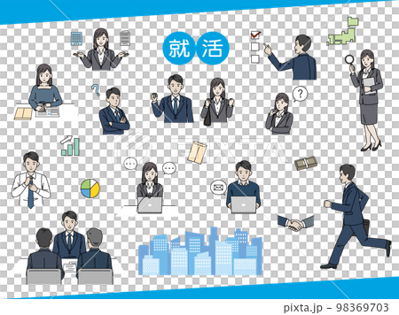 就職活動をする若い男女のイラストセット 就活 面接 就職活動をする若い男女のイラストセット 就活 面接 98369703