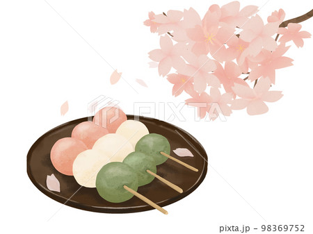 桜の花びらが舞うリアルな花見団子3本 98369752