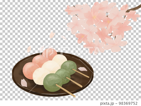 桜の花びらが舞うリアルな花見団子3本 98369752