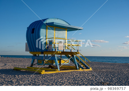 Colorful lifeguard station on Miami Beach, Florida. 98369757