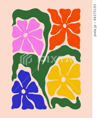 Abstract Flowers and Leaves Poster. Modern Floral Print in Contemporary Style. Trendy Groovy Naive Vector Illustration 98370193