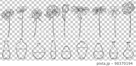 繊細な線画の花と一輪挿しの花瓶セット　ベクター素材 98370194