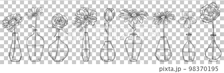 Single flower vase set with delicate line drawing flowers Vector material 98370195