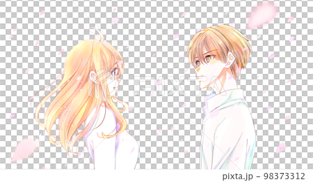 A man and a woman staring at each other in a cherry blossom storm 98373312