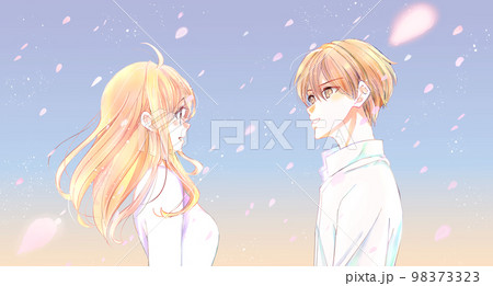 桜吹雪の中見つめ合う男女 夕暮れ 桜吹雪の中見つめ合う男女 夕暮れ 98373323