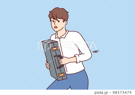 Frightened man with suitcase in hands runs away looking back to escape from robbers. Vector image Frightened man with suitcase in hands runs away looking back to escape from robbers. Vector image 98373474