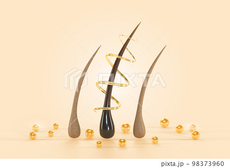 Hair care treatment mockup banner 3d render. Repair hair follicle with liquid oil spiral, keratin or serum on beige background with golden pearls. Cosmetics product or shampoo ad Hair care treatment mockup banner 3d render. Repair hair follicle with liquid oil spiral, keratin or serum on beige background with golden pearls. Cosmetics product or shampoo ad 98373960