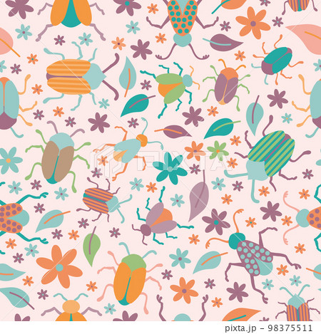 Bugs, leaves and flowers seamless pattern 98375511