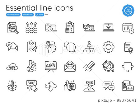 Certificate, Startup and Puzzle line icons. Collection of Brush, Messenger, New mail icons. Check article, Stress grows, Fake review web elements. Messages, Employees messenger, Quick tips. Vector 98375641