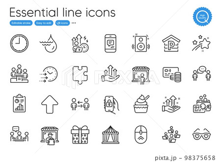 Market seller, Report and Growth chart line icons. Collection of Message, Teamwork, Love glasses icons. Puzzle, Falling star, Speakers web elements. Business podium, Teamwork business. Vector 98375658
