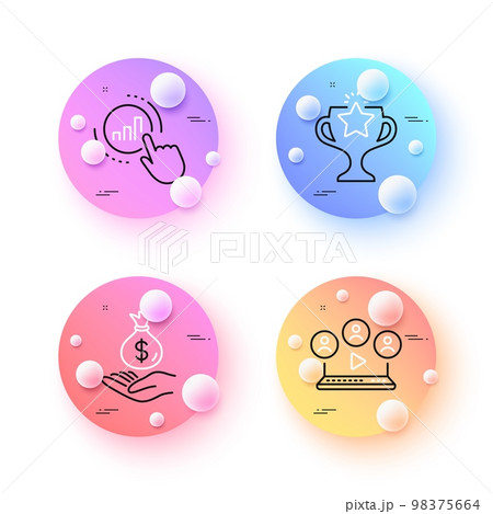 Income money, Video conference and Victory minimal line icons. 3d spheres or balls buttons. Graph chart icons. For web, application, printing. Savings, Remote business, Championship prize. Vector 98375664