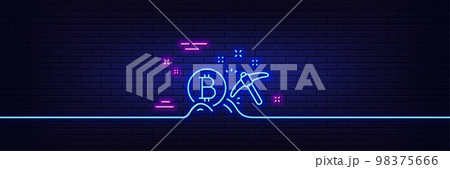 Neon light glow effect. Bitcoin mining line icon. Cryptocurrency coin sign. Crypto money pickaxe symbol. 3d line neon glow icon. Brick wall banner. Bitcoin mining outline. Vector 98375666