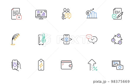 Battery charging, Euro rate and Download app line icons for website, printing. Collection of Photo camera, Lock, Refrigerator icons. Approved, Teamwork, Dating chat web elements. Vector 98375669