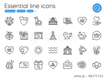 Circus tent, Journey and Puzzle line icons. Collection of Waves, Love you, Sale icons. Fireworks, Ice cream, Love letter web elements. Hold heart, Sleep, Discount offer. Online shopping. Vector 98375701