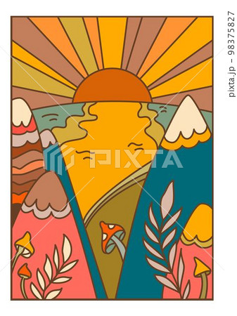 Fantasy cartoon landscape with sunrise and valley 98375827