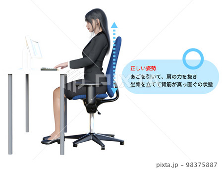 パソコンのする時の正しい姿勢の説明 全身横向きの3Dモデル女性のイラスト 98375887