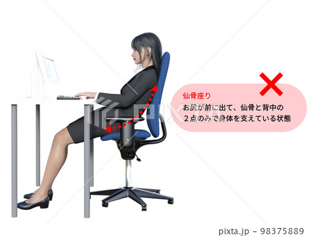 姿勢が悪く背もたれにもたれかかる女性 仙骨座りの3Dモデルのイラスト 98375889