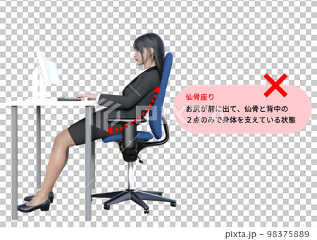 姿勢が悪く背もたれにもたれかかる女性 仙骨座りの3Dモデルのイラスト 98375889