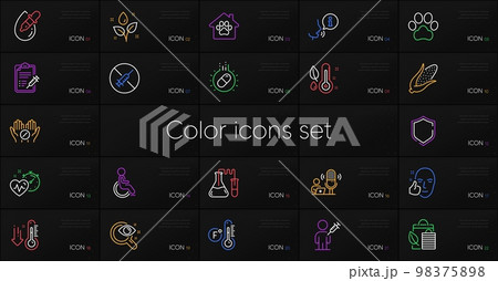 Set of Fahrenheit thermometer, Capsule pill and Medical tablet line icons. Include Disability, No vaccine, Bio shopping icons. Dog paw, People vaccination, Healthy face web elements. Vector 98375898