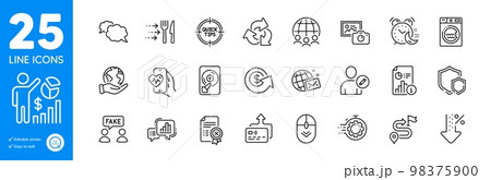 Outline icons set. Edit user, Global business and Card icons. Tips, Report, Dollar exchange web elements. Low percent, World mail, Cardio training signs. Graph chart, Scroll down, Seo timer. Vector Outline icons set. Edit user, Global business and Card icons. Tips, Report, Dollar exchange web elements. Low percent, World mail, Cardio training signs. Graph chart, Scroll down, Seo timer. Vector 98375900