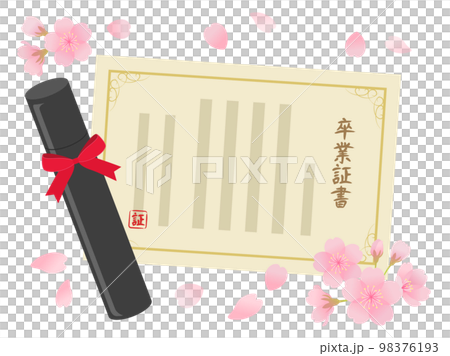 Graduation certificate, cylinder and cherry blossoms 98376193