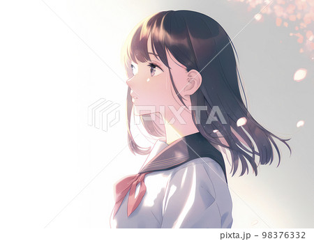 横顔の女学生 黒髪ロング アニメ風イラストのイラスト素材