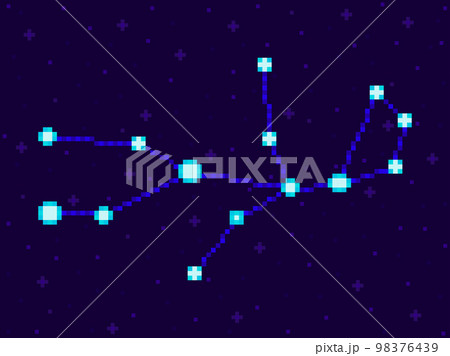 Virgo constellation in pixel art style. 8-bit stars in the night sky in retro video game style. Cluster of stars and galaxies. Design for applications, banners and posters. Vector illustration Virgo constellation in pixel art style. 8-bit stars in the night sky in retro video game style. Cluster of stars and galaxies. Design for applications, banners and posters. Vector illustration 98376439