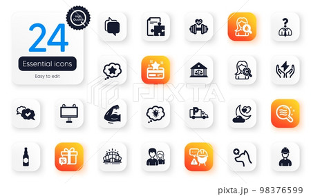 Set of Business flat icons. Loyalty card, Love night and Collagen skin elements for web application. Foreman, Safe energy, Truck parking icons. Sale gift, Couple, Messenger elements. Vector 98376599