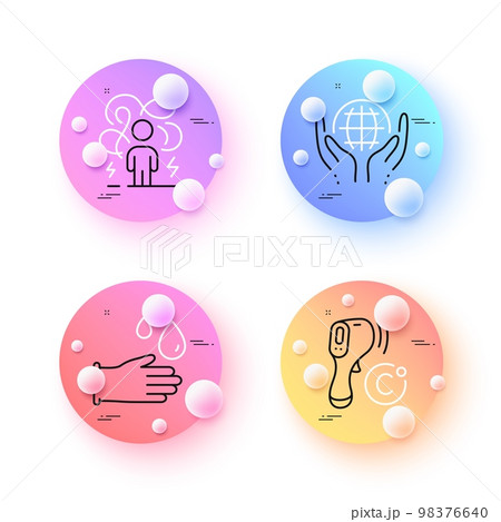 Rubber gloves, Difficult stress and Organic tested minimal line icons. 3d spheres or balls buttons. Electronic thermometer icons. For web, application, printing. Vector 98376640