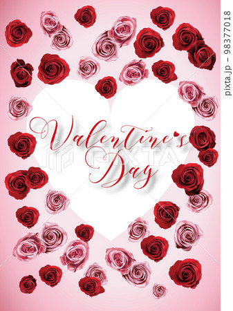 ピンクと赤の薔薇・バレンタインのハート型の枠飾り 98377018