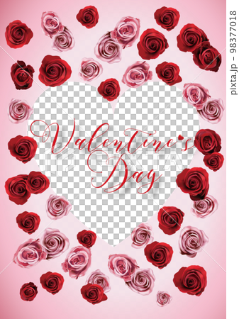 ピンクと赤の薔薇・バレンタインのハート型の枠飾り 98377018