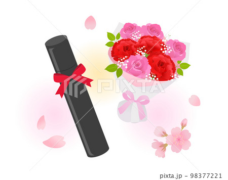 卒業イメージ_卒業証書と花束と桜 98377221