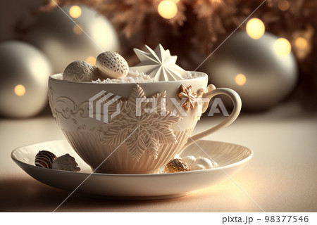 A cup of hot drink coffee or hot cocoa in christmas theme decoration background. Celebration holiday concept A cup of hot drink coffee or hot cocoa in christmas theme decoration background. Celebration holiday concept 98377546