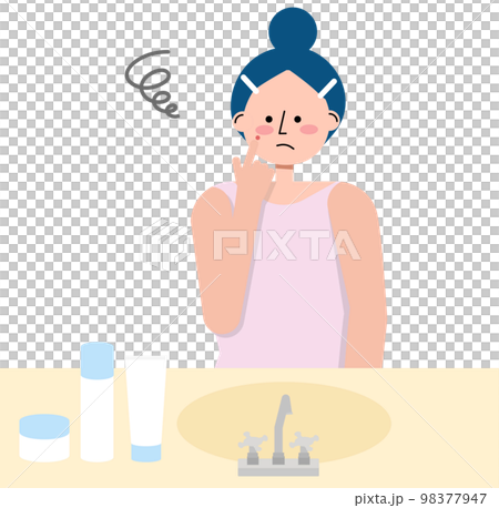 Illustration of a woman with a troubled face with acne in the washroom 98377947
