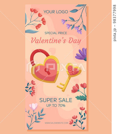 Valentine's Day vertical Super Sale banner template design. Lock and key in heart shape, gold and pink color with floral frame on beige backdrop. Special Price concept online shopping. Valentine's Day vertical Super Sale banner template design. Lock and key in heart shape, gold and pink color with floral frame on beige backdrop. Special Price concept online shopping. 98377998