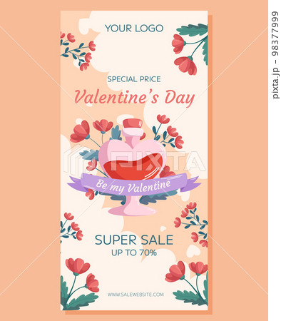 Valentine's Day vertical Super Sale banner template design. Love potion bottle concept illustration with red flowers behind it with ribbon on beige backdrop. Special Price concept online shopping. Valentine's Day vertical Super Sale banner template design. Love potion bottle concept illustration with red flowers behind it with ribbon on beige backdrop. Special Price concept online shopping. 98377999