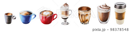 Watercolor set of coffee in porcelain cups. Hand painting espresso, americano, latte, raff, take away coffee, mocha on a white isolated background. For designers, menu, shop, bar, bistro, restaurant Watercolor set of coffee in porcelain cups. Hand painting espresso, americano, latte, raff, take away coffee, mocha on a white isolated background. For designers, menu, shop, bar, bistro, restaurant 98378548