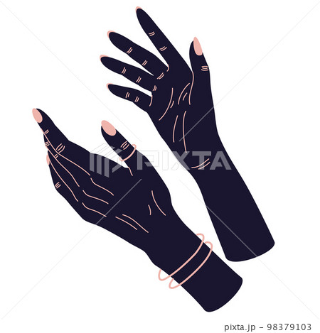 Women's hands. Female hands with various gestures. Alchemy esoteric magic celestial talisman with witchcraft hands sacred geometry. Vector illustration fashionable minimalistic style. 98379103