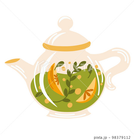 Fruit tea. Mug with tea berries and leaves. Hot natural drink for health. Pharmacist of natural wellness poster, organic, herbal tea, orange slices and herbs. Vector cartoon illustration Fruit tea. Mug with tea berries and leaves. Hot natural drink for health. Pharmacist of natural wellness poster, organic, herbal tea, orange slices and herbs. Vector cartoon illustration 98379112