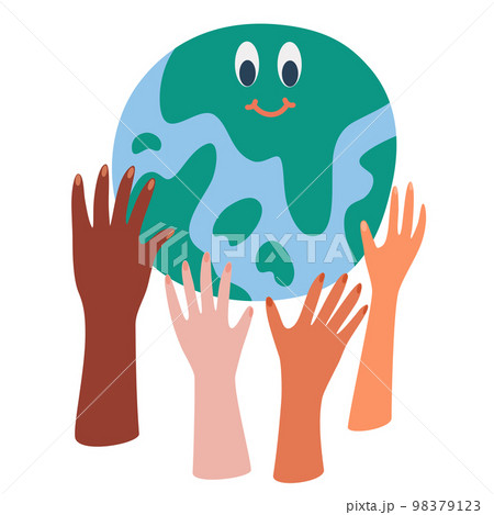Save the planet. Different hands holding globe, earth. Earth day concept. Earth day vector illustration for poster, banner, print, web. Modern cartoon flat style illustration 98379123